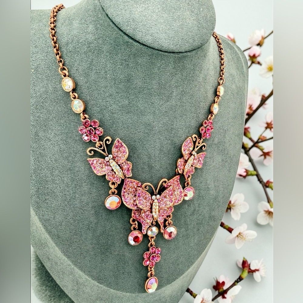 Kirks Folly Pink Butterfly Rhinestone Necklace AB Drop Signed 16”-19” whimsical - Picture 4 of 17